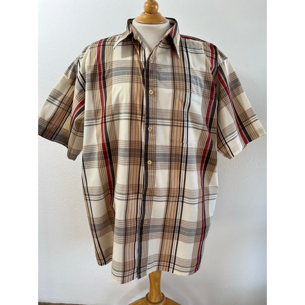 DTEK Jeans Mens Plaid Button Up Short Sleeve Pocket Casual Shirt Beige Size 2XL